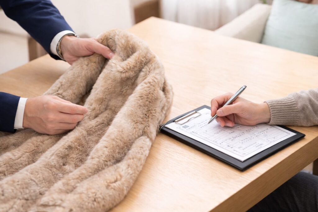 毛皮買取 出張 自宅で査定する様子